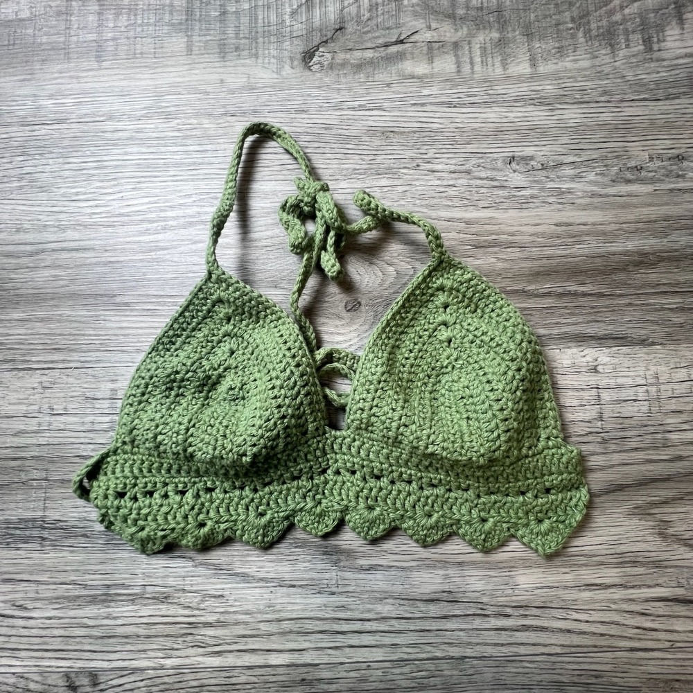Unbranded Crochet Halter Top Womens Small Green Boho Scalloped Triangle Bikini